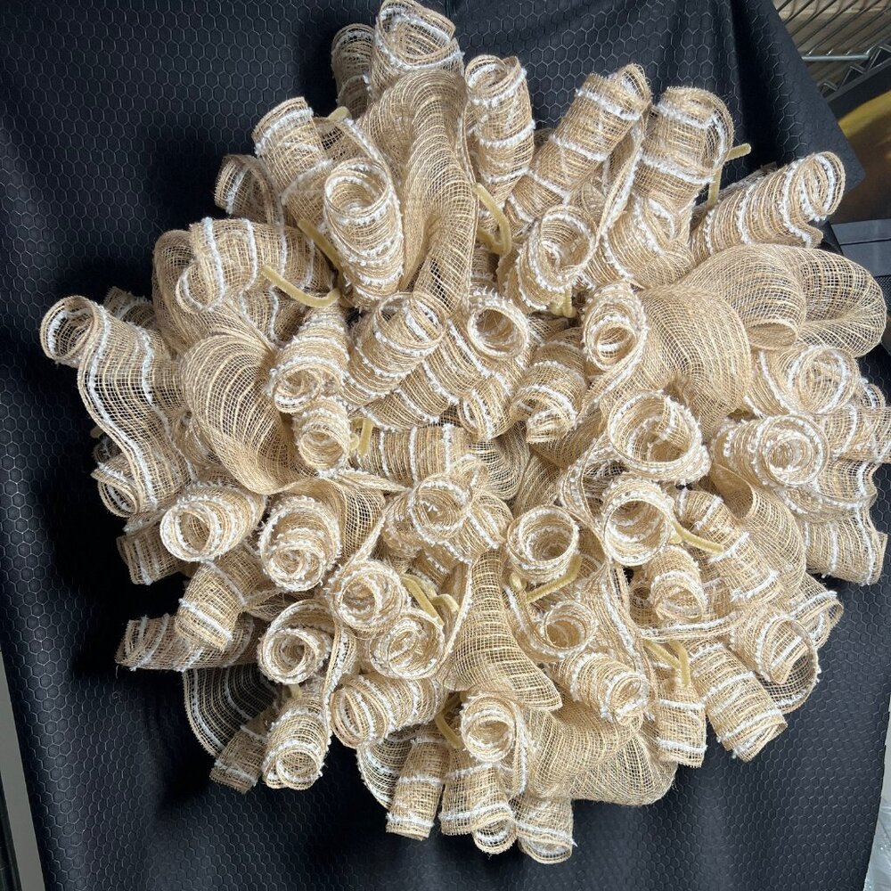 Beige and White Deco Mesh Wreath Waiting to be Decorated